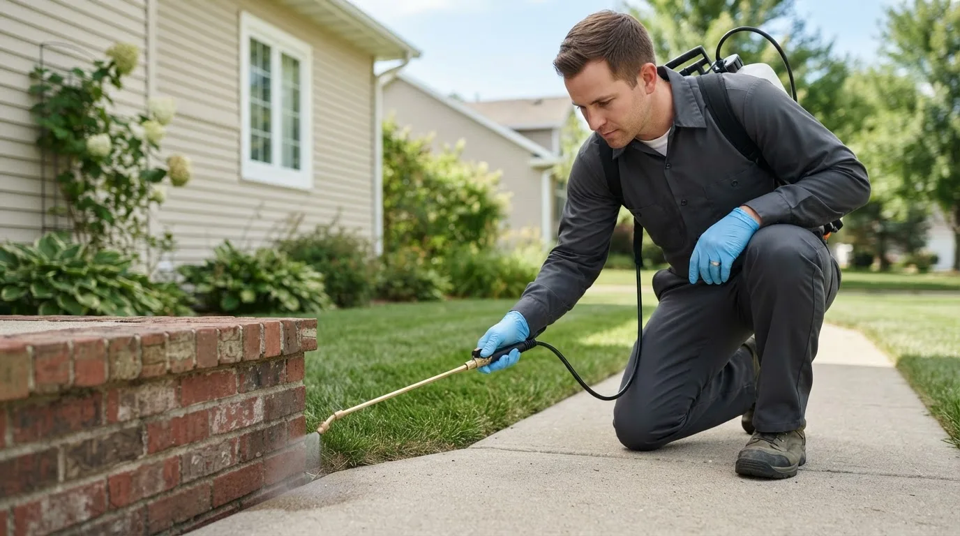 Pest control technician treating a home near Pleasant Hall, PA